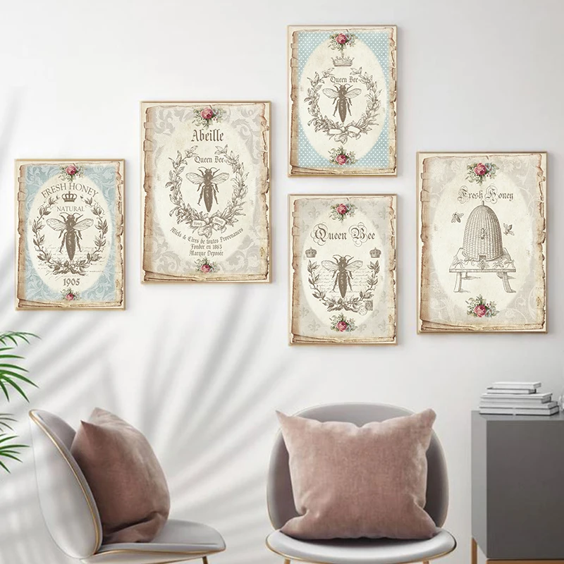 Bee Vintage Posters and Prints French Abeille Shabby Chic Wall Art Canvas Painting Retro Decoration Pictures Living Room Decor