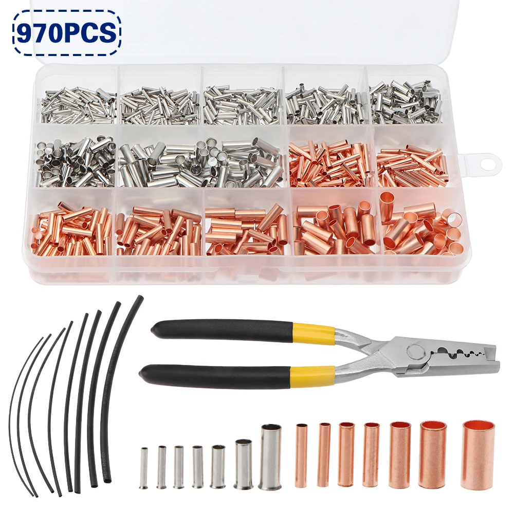 970/210pcs Small Copper Pipe Connection Joint Wire Copper Pipe Cable Crimp Terminal Lug Bushings Kit with Heat Shrink Tube Plier