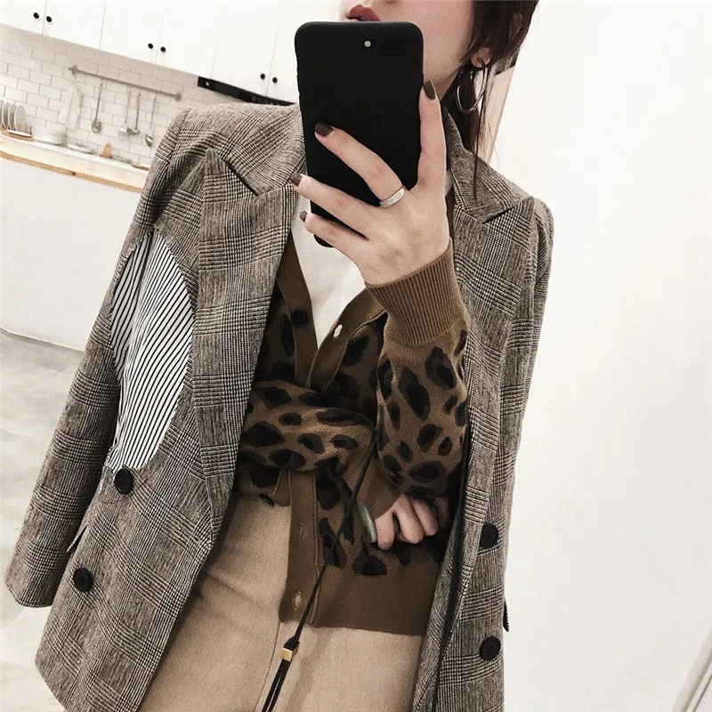 Women\'s Knitted Sweater Cardigan Spring Autumn Long Sleeve V-neck Single-breasted Leopard Print Sweaters Coat Female Tops K69