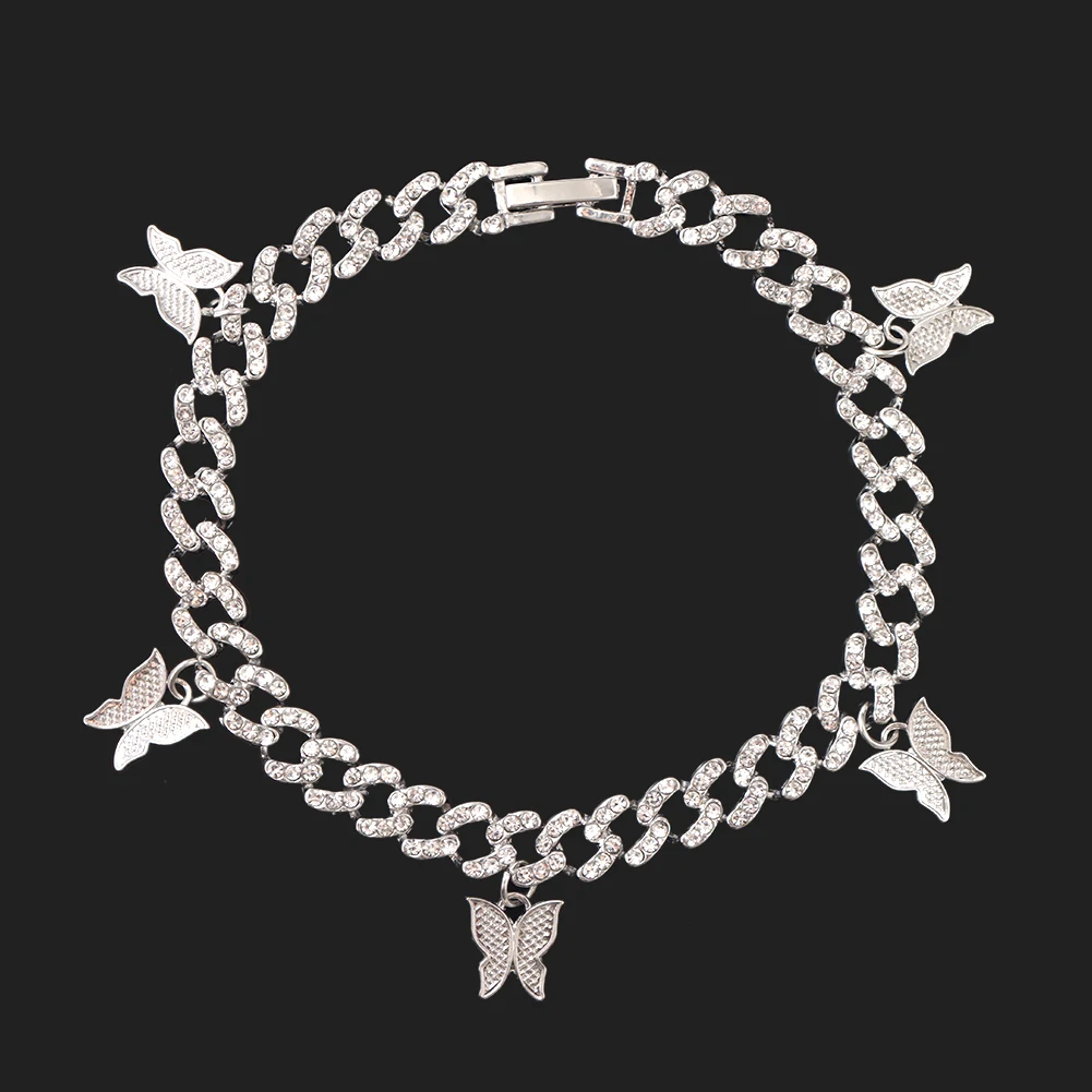 New Fashion Crystal Butterfly Anklet Bracelet For Women Iced Out Micro Rhinestones Paved Cuban Link Chain Anklets Punk Jewellery image 6
