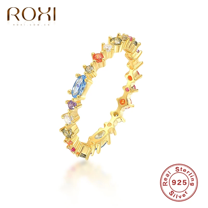 ROXI Rainbow Irregular Geometry Crystals Gold Rings for Women Wedding Ring 925 Sterling Silver Finger Ring Anillos Jewelry Bague