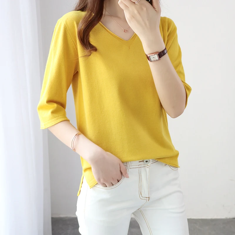 women's pure cotton  new women's spring and autumn wear bottom shirt women's loose and versatile V-Neck Sweater