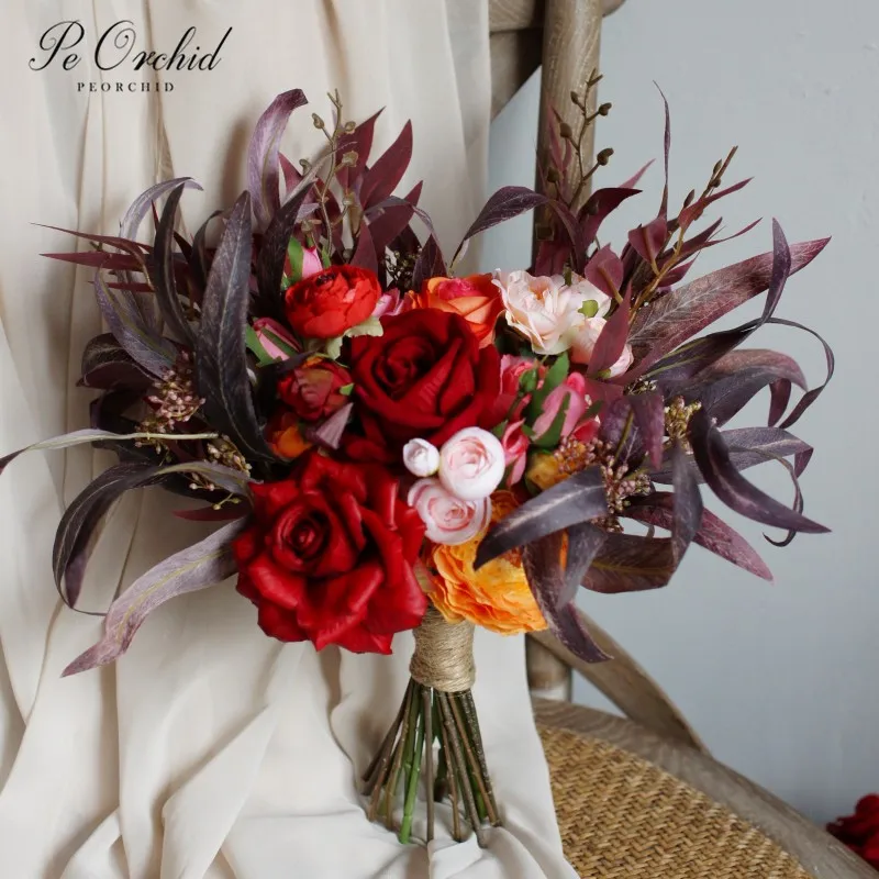 PEORCHID VINTAGE Handmade สีชมพู Rose Wedding Bouquet เจ้าสาวดอกไม้สำหรับเจ้าสาวดอกไม้ประดิษฐ์เจ้าสาวตกแต่ง