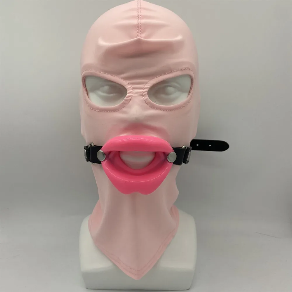 Slave Cosplay Fetish Obedient Open Mouth Gag Oral Sex Toys of Silicone Lips O Ring with Bdsm Bondage Hood Mask Erotic Accessory