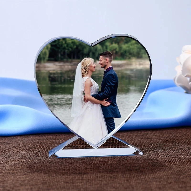 DIY Customized Heart Shaped Photo Personalized  Album Glass Ornaments Crystal Photo Frame Novelty Wedding Home Decor Love Gifts