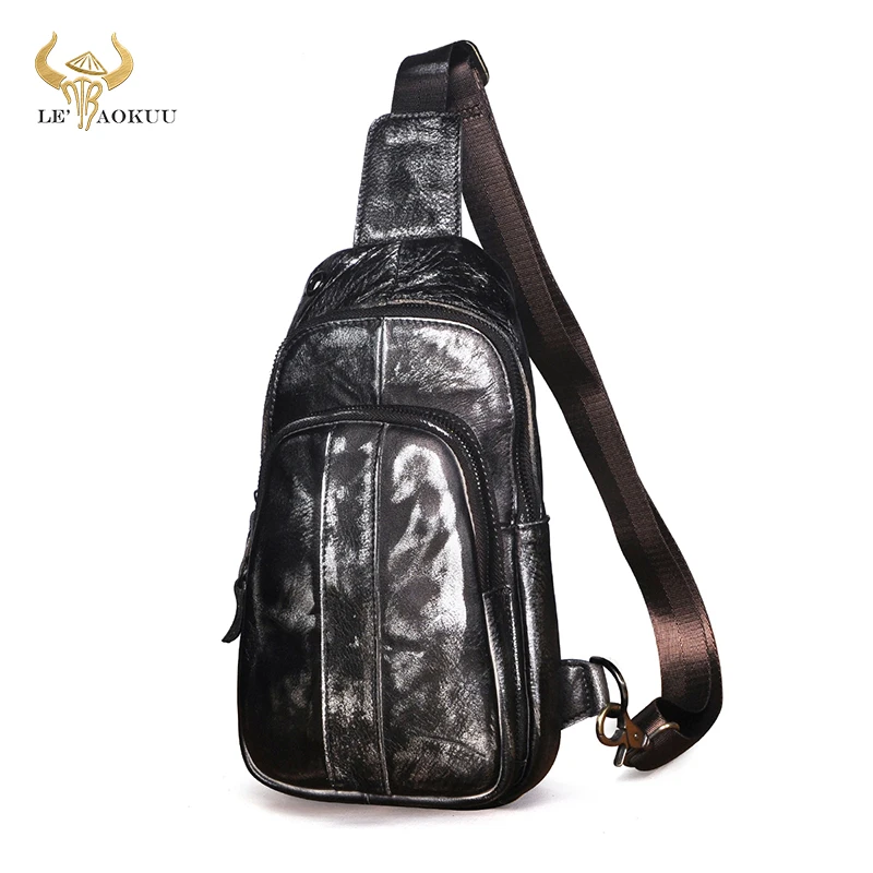 

Soft Genuine Leather Design Chest Sling Bag Fashion Travel One Shoulder Strap Bag 8" Tablet Umbrella Daypack For Men Male 8006