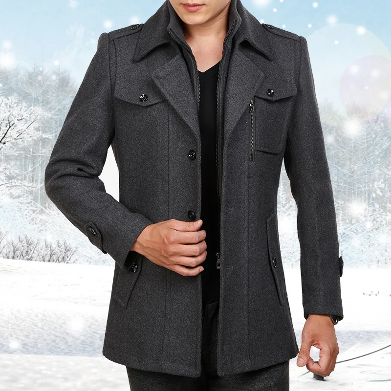 Autumn And Winter Fold-down Collar Woolen Coat Men's Doubles Collar Mid-length Wool Woolen Cloth Trench Coat Men's Jacket