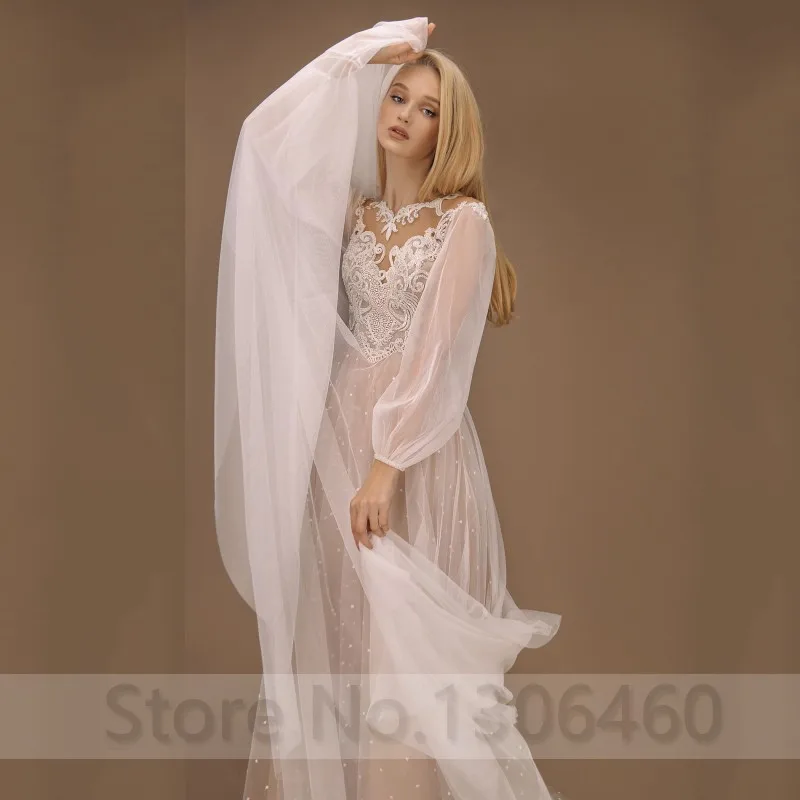 Thinyfull Robe de mariée A Line Dot Tulle Wedding Dress Long Puffy Sleeve Sheer O Neck Appliques Lace Floor Length Bride Gown