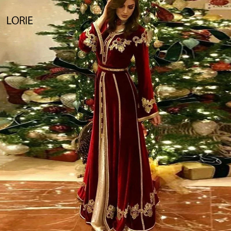 LORIE Arabic Evening Dress V-Neck Appliques Gold Lace Beaded Moroccan Caftan Long Sleeve Mermaid Velvet Burgundy Prom Gowns