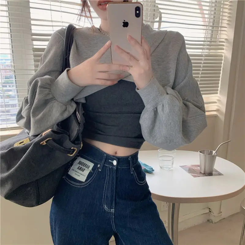 Short-style Sweatshirts Women Loose Simple Solid Irregular Casual Baggy Lantern Sleeve Bolero Dance Hip Hop Crop Tops Streetwear