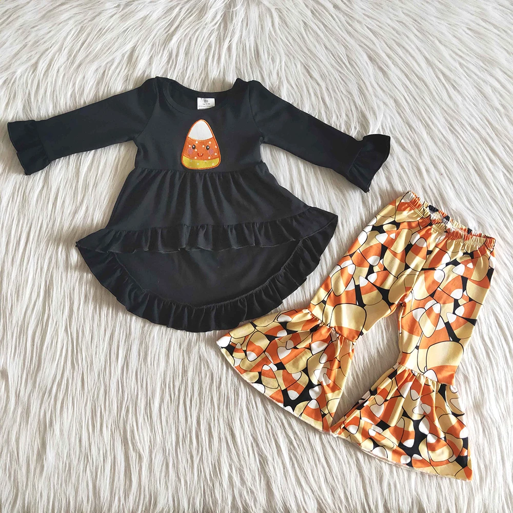 High Quality Children Halloween Clothes Girl Black Low-HighTop And Bell Pants Set Fashion Kids Long Sleeve Outfit