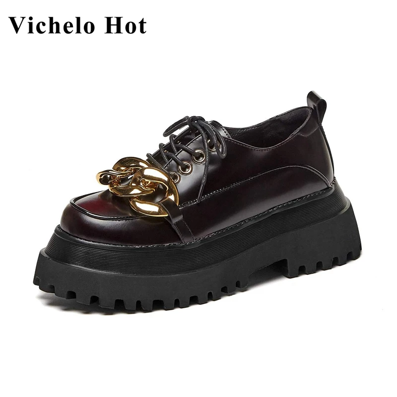 

Vichelo Hot hot genuine leather round toe high heels thick young lady metal fasteners streetwear vintage lace up women pumps L05