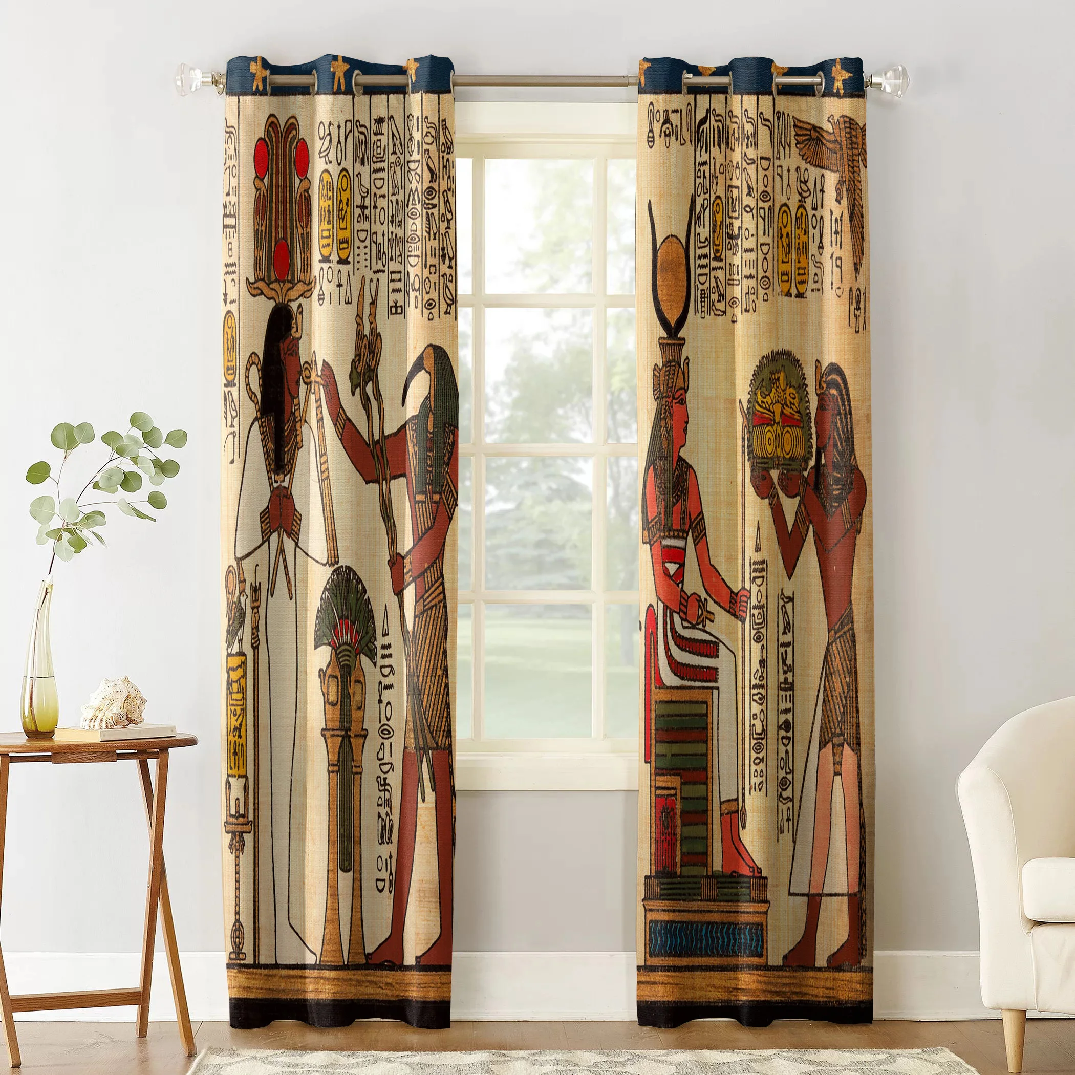 Egyptian Etiquette Pattern Pictorial Art Window Curtains for Living Room Bedroom Kitchen Window Treatments Home Decor Cortinas