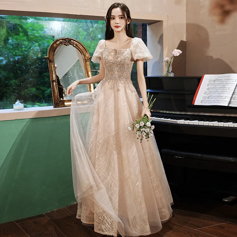 ผู้หญิงชุดราตรีเรือคอ Elegant Party ชุดเย็บปักถักร้อยยาว Sequined Graceful ชุดเจ้าสาว