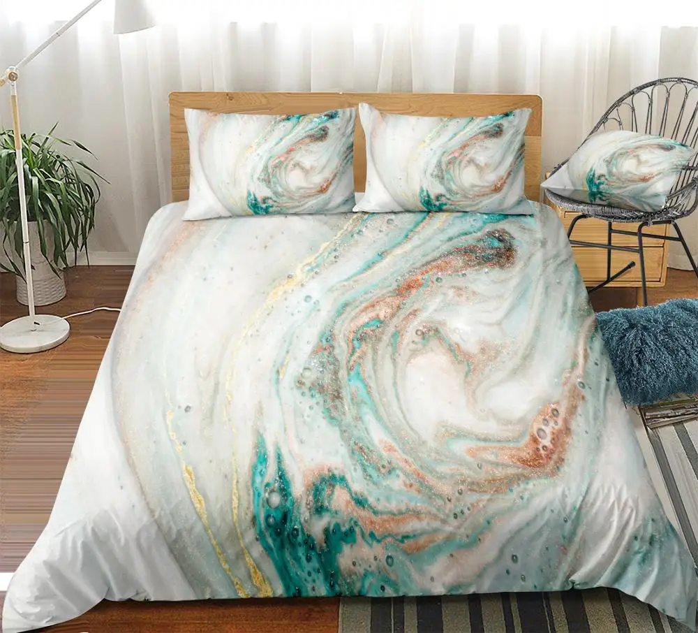 3 Pieces Marble Duvet Cover Set White Cyan Marble Abstract Art Design Kids Boys Girls Home Textiles Quicksand King Kids Dropship