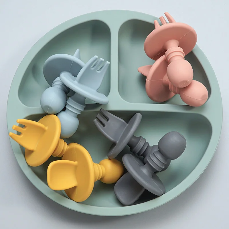 2pcs/lot Baby Training Fork Spoon Set Silicone Baby Feeding Spoon And Fork Set  Food Grade Newbornrn Accessories Teether