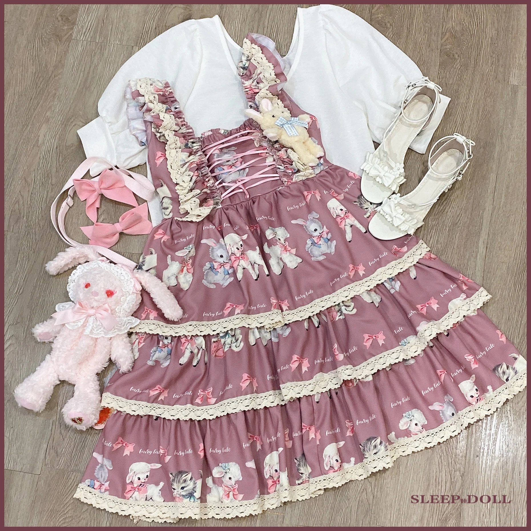 Sweet Cat Cute Girl Daily Cute Printing Lace Bowknot Cartoon Bandage Jsk Dress High Waist Victorian Dress Kawaii Girl Gothic