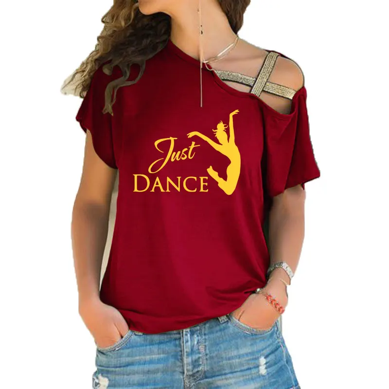 Fun just dance Girl Tee Shirt Female Dancer Shirt funny women fashion Irregular Skew Cross Bandage style tee tops