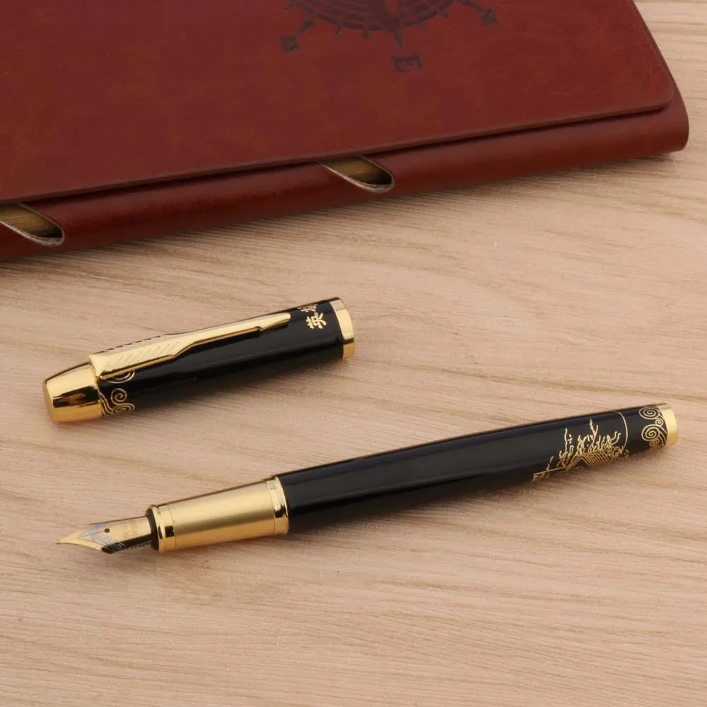 Metal 807 Fountain Pen Golden Piece Black Polished Calligraphy The Great Wall Stationery Office School Supplies Writing Gift