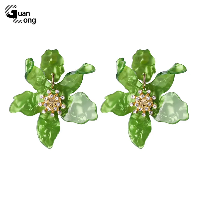 GuanLong Hot Sales Fashion Big Flowers Earrings For Women Bohemian Boho Ethnic Acrylic Cystal Dangle Drop Earrings Ear Jewelry