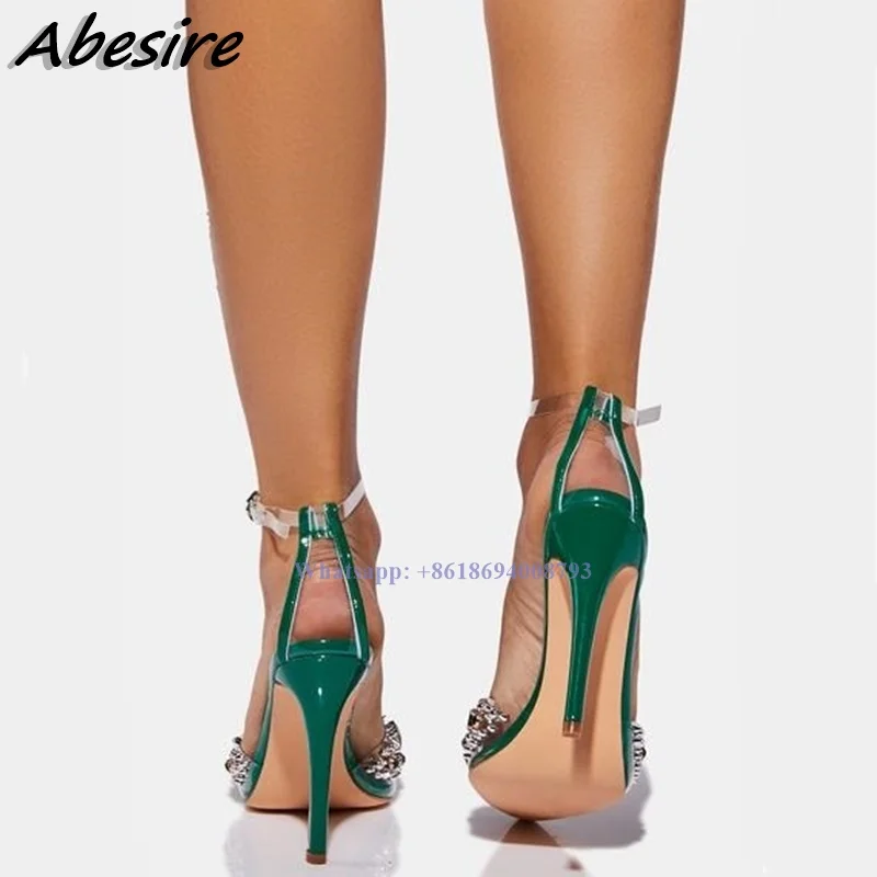 New Ankle Buckle Green Crystal Sandals Clear PVC High Heel Sandals Women Summer Shoes For Women Pumps Stilettos Zapatos Mujer