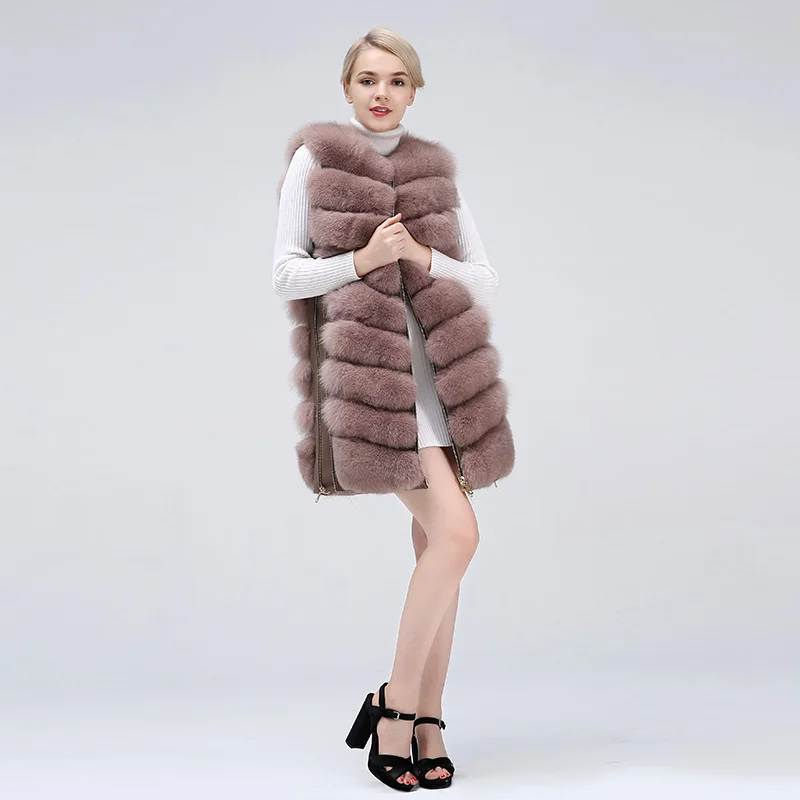 Natural Women\'s Fox Fur Coat Vest New Zipper Long Coat Winter Warm Coat Natural Fur True Fox Vest Jacket Free Shipping