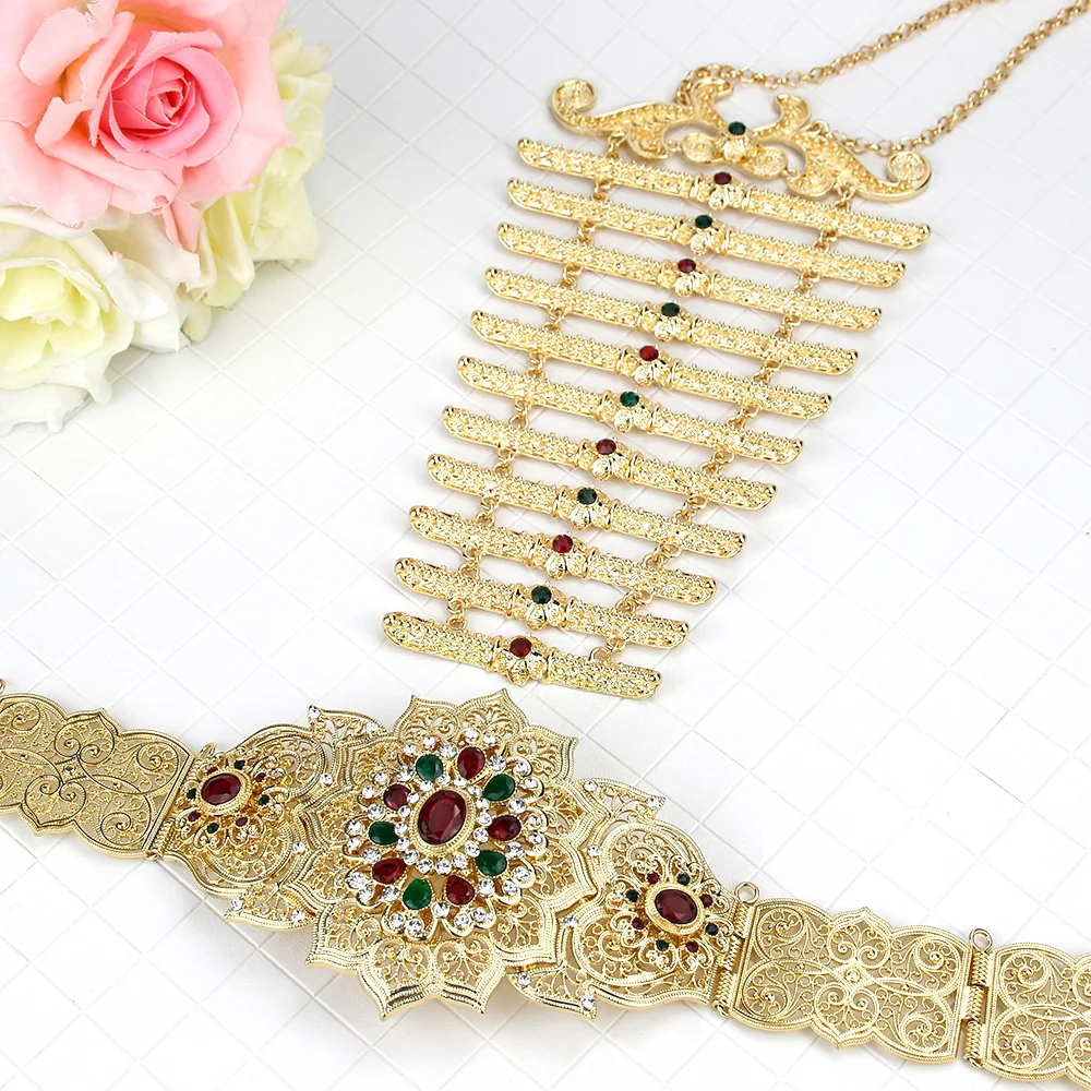 Sunspicems Gold Color Arabic Women Jewelry Caftan Belt Waist Chain Adjustable Length Kazakh Wedding Bijoux