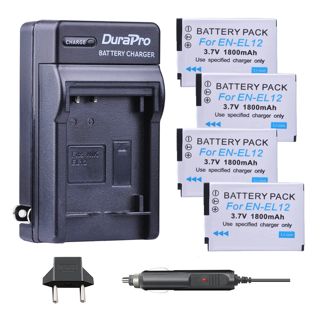 4pc 1800mAH EN EL12 EN-EL12 ENEL12 Li-ion Batteria + Car Charger + EU Plug for Nikon S8200 S9100 S9200 S9300 P300 P310 Battery