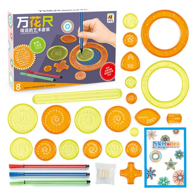 27 sztuk Spirograph rysunek zestaw zabawek blokujące koła zębate koła z długopisami spiralne wzory akcesoria malarskie linijka geometryczna zabawka