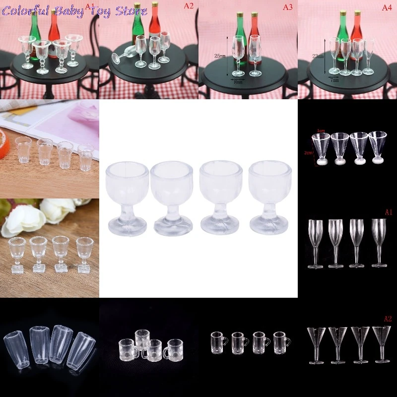 4Pcs 1/12 Dollhouse Cup Mini Resin Transparent Cup Simulation Furniture Model Toys For Dollhouse Miniature Accessories