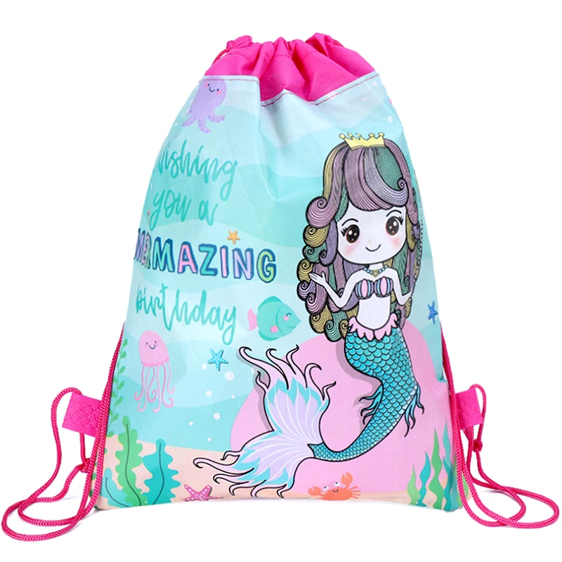 12pcs/lot Mermaid Theme Baby Shower Decorate Mochila Backpack Birthday Events Party Non-woven Fabrics Drawstring Gifts Loot Bag