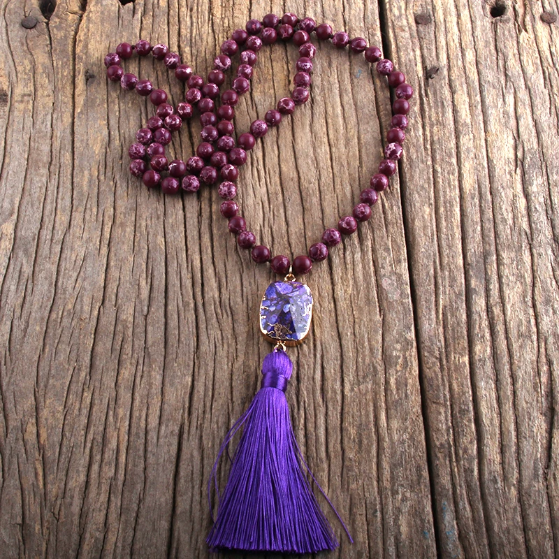 RH Fashion Bohemian Jewelry Natural Stones Knotted  Stone Links Tassel Necklaces Women Necklace Gift Drop Shipping