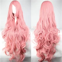 Pelucas de pelo sintético para mujer, peluca rosa larga barata de 100CM con flequillo, pelucas onduladas para Cosplay, fiesta de Halloween, amarillo, morado y negro