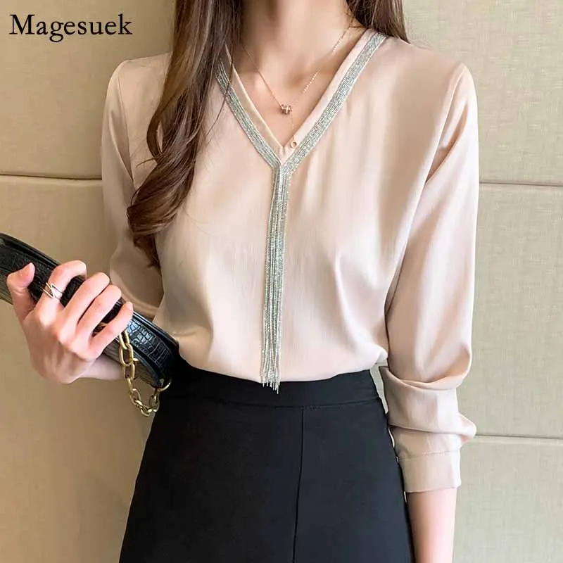 2020 Herfst Nieuwe Koreaanse Stijl Alle-Match Tassel V-hals Satin Shirt Vrouwen Shirt Herfst Chemisier Femme Vrouwen lange Mouw 10494