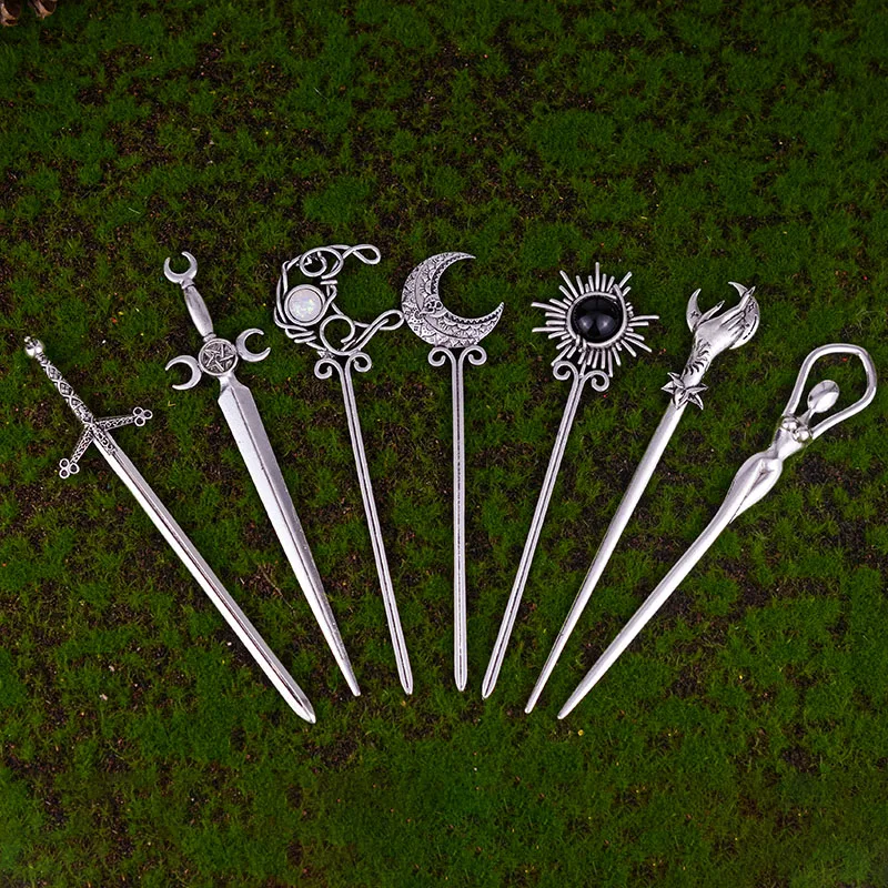 Witch Sword Crescent Moon Goddness Hair Stick Pagan Occulet Hairpin Amulet Spirit Hair Jewelry For Women