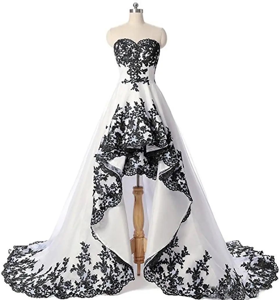 Gothic Đen Trắng Một Dòng Áo Cưới Người Yêu Cao Thấp Cô Dâu VÁY BẦU REN Appliqued Áo Dây De Mariee Vintage Ngắn mặt Trước