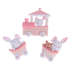 Ornement de gâteau en résine de dessin animé, lapin, train, dessus de gâteau, décor au beurre, fête à la maison, rose, 3 pièces, ensemble