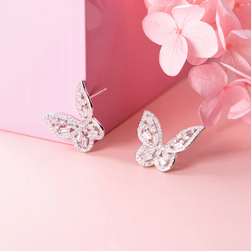 Elegante genuíno 925 prata borboleta brinco flores incrustadas com zircão orelha para a menina feminino presente marca designer original criativo