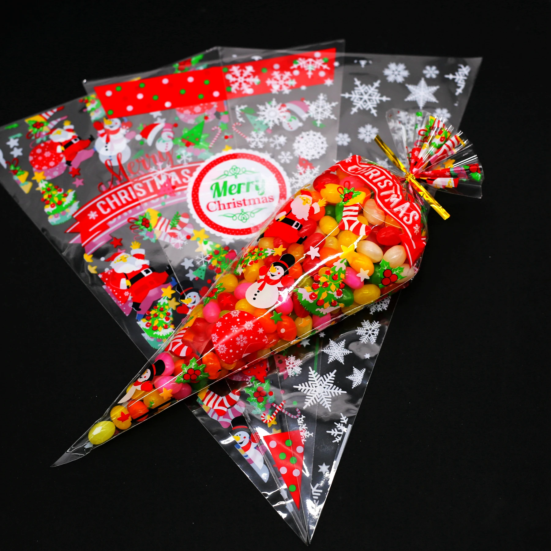 100pcs Christmas Transparent Package Cello Cellophane Cone Sweet Candy Party Wedding Favor Gift Bags Free Ties DIY Gifts