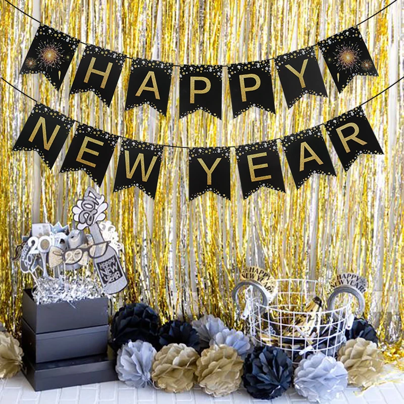 Happy New Year Banner Xmas Party Backdrop Banner Hanging Garland Black Gold Happy New Year Party Decorations New Year 2024 Decor