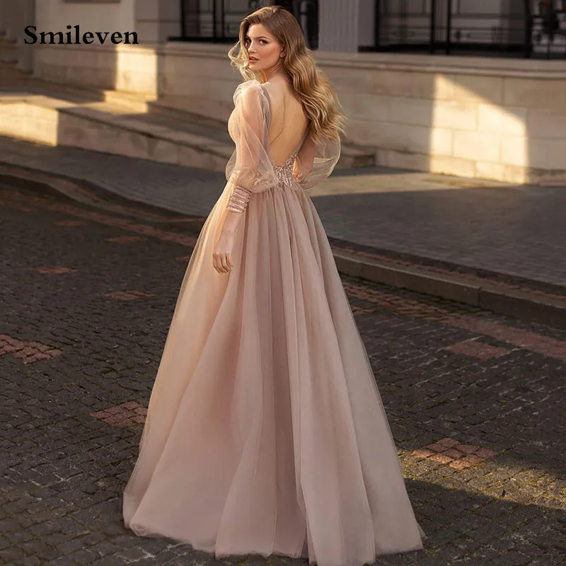 Smileven Schmutzig Rosa Puff Hülse Prom Kleider Spitze Lange Prom Party Kleider Elegante Formale Abendkleid Open Back