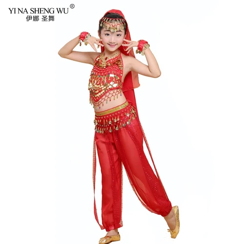Imagen 2 del producto Conjunto de trajes de danza del vientre para niños, trajes de danza Oriental para niñas, ropa de danza del vientre india de Bollywood de Egipto, conjunto de danza India de 6 colores