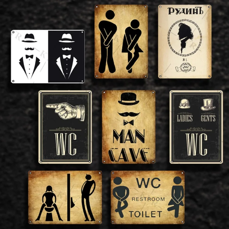 Man Lady Funny WC Sign Metal Poster Toilet Plate Tin Plaque KTV Bar BBQ Shop Bathroom Wall Decor Mural Home Vintage Custom Photo