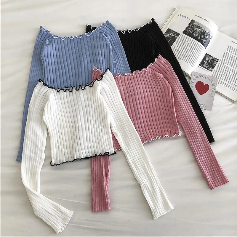 Ruched Slash Collar Sweater Pullover Girls Sexy Off Shoulder Knitted Jumpers Femme Crop Tops Spring Autumn