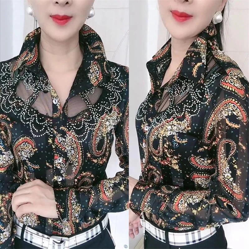 Diamanten Bezaaid Mesh Kant Vrouwelijke Chiffon Shirts Lange Mouwen Revers Print Dunne Blouse Tops Elegante Dieptepunt Shirts Camisas Mujer