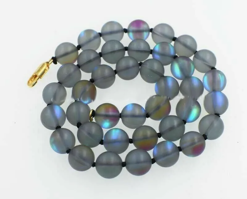 Natural 8mm Gray Gleamy Rainbow Moonstone Round Gemstone Beads Necklace 18