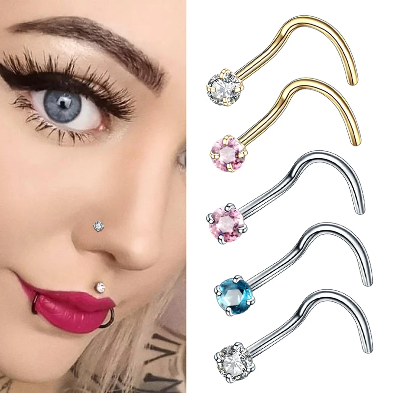 1PC Stainless Steel Nose Stud Earring 20G Screw Nariz Piercing 2MM & 2.5MM CZ Gem Nostril Rings Body Pircing Jewelry