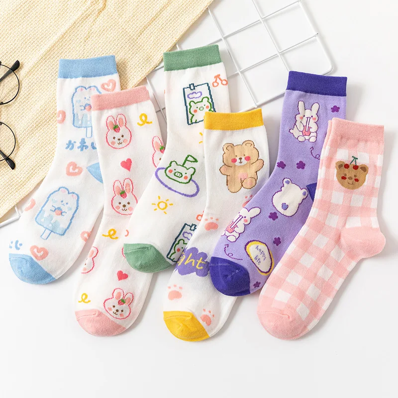Nadruk zwierzęta Harajuku Kawaii kobiety skarpetki królik projekt niedźwiedzia urocze skarpetki abstrakcyjny obraz olejny koreański styl Art kreatywny Sokken