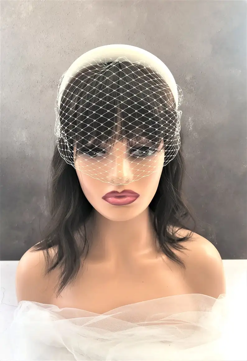 White Wide Headband Veil Mesh Fishnet Veil Wedding Hair Accessories for Bridal Simple Elegant Birdcage 2021