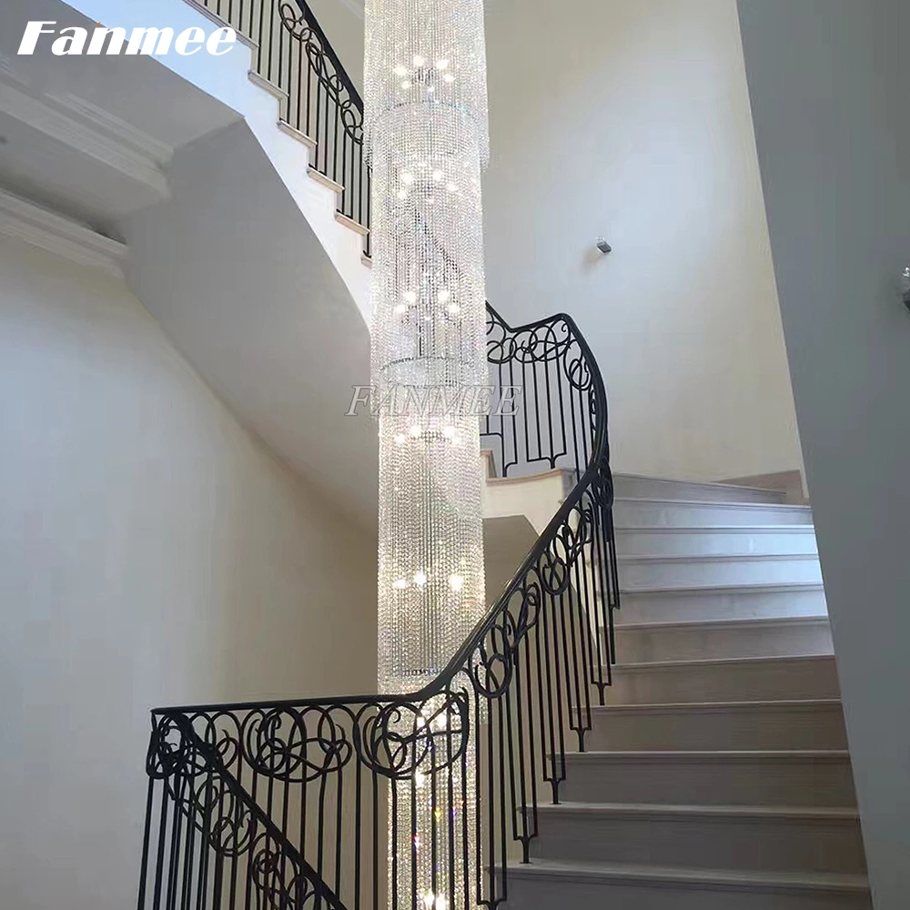 Luxury Cylinder Crystal Pendant Chandelier LED Modern Clear Crystal Chandelier Lighting Hotel Staircase Decor Cristal Long Lamp